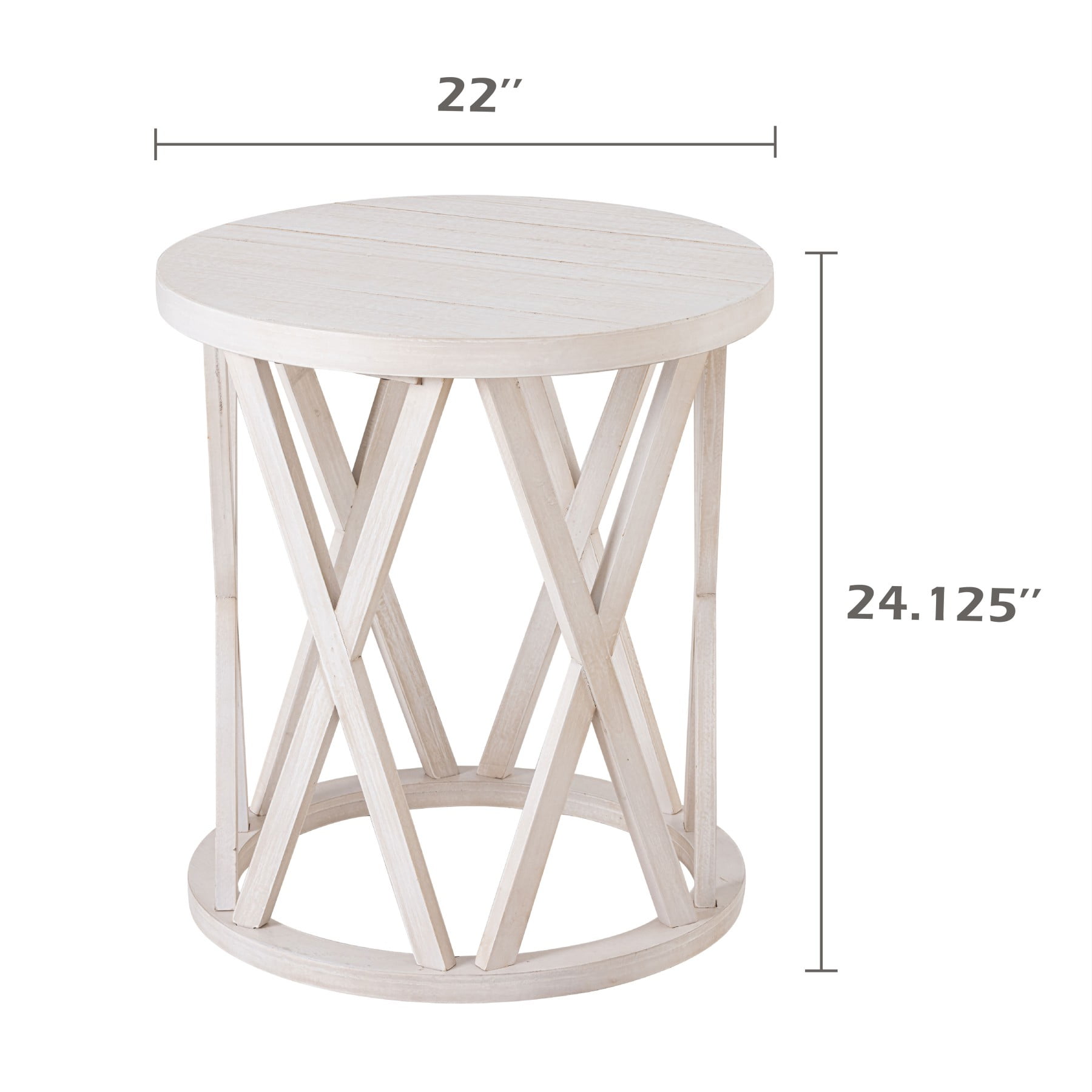 COZAYH Farmhouse End Table, Rustic Round Side Table with X-Motifs Legs, Wood Textured Top, for Boho, French Country Decor, Antique White