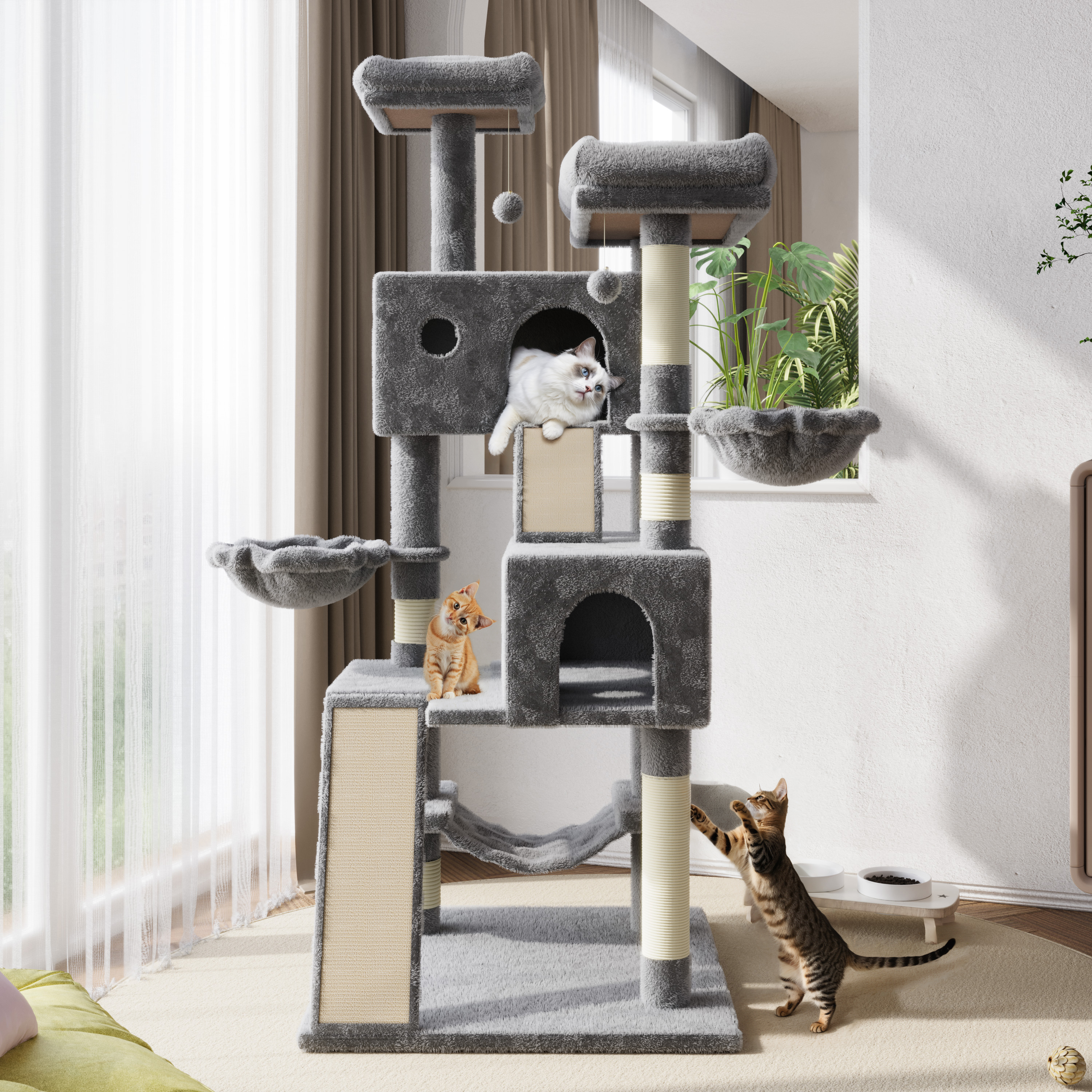Amolife 65.7" Large Cat Tree with Hammock and Scratching Posts, Gray photo 2