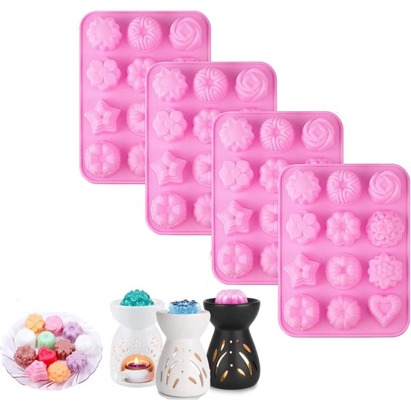 4 Pack Silicone Wax Melt Molds with 12 Cavity Wax Cubes Tray for Candle-Making & Soap(Mix Shape: Rose, Jasmine, Vanilla, Magnolia, Crown, Heart)