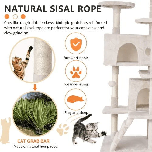 BORGEBY 54in Cat Tree Tower for Indoor Cats，Multi-Level Pet Furniture with Sisal Scratching Post, Large Cozy Condo, Climbing Ramp, Kitten Toy（Beige）