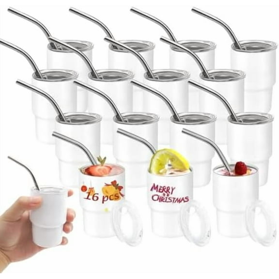 16 Pack Sublimation Shot Glasses Tumblers Blanks Mini Wine Tumbler with Lid and Straw Stainless Steel Tumblers Cups Bulk for Sublimation Oven Printing, 3oz White