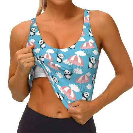 Qokaie Panda Flying in the Sky Pattern Womens Scoop Neck Sports Bra Breathable Workout Vest Padded U Back Medium Impact Fitness Gym Yoga Bra Workout Crop Top