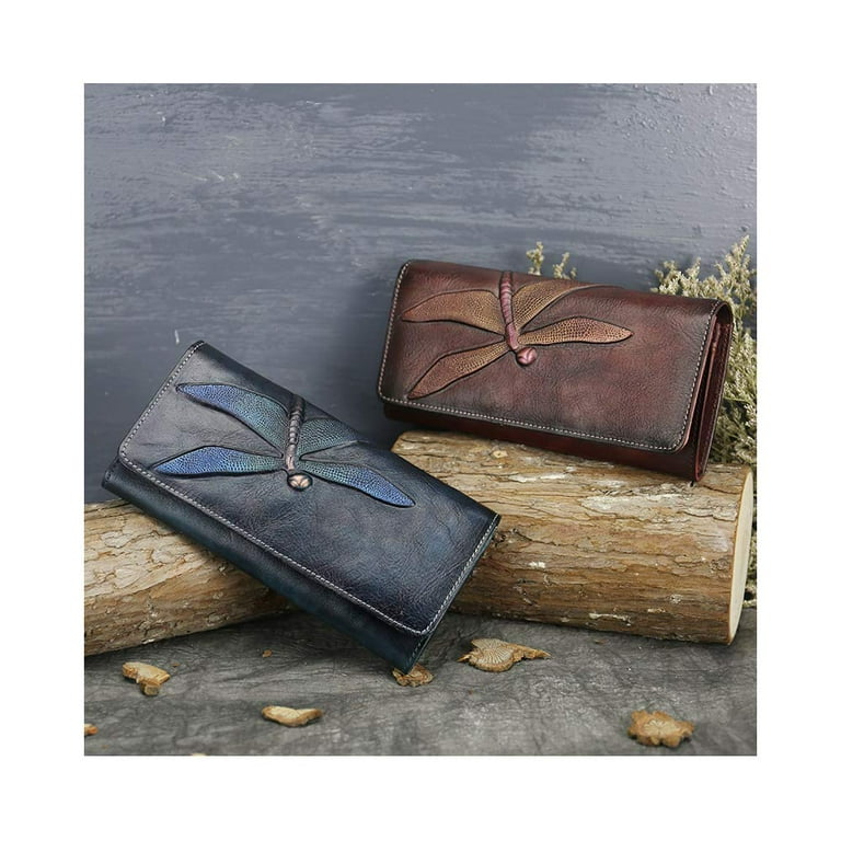 Kiminii Women's Slim Embossed Dragonfly Handmade Leather Wallet