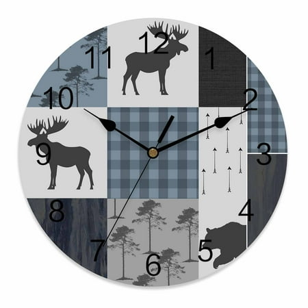 Silent Wall Clocks Battery Operated, Country Forest Bear Moose Round Decorative Wall Clock for Living Room Bedroom Kitchen Bathroom Classroom Decor, 12 Inch Rustic Farmhouse Blue Black Plaid