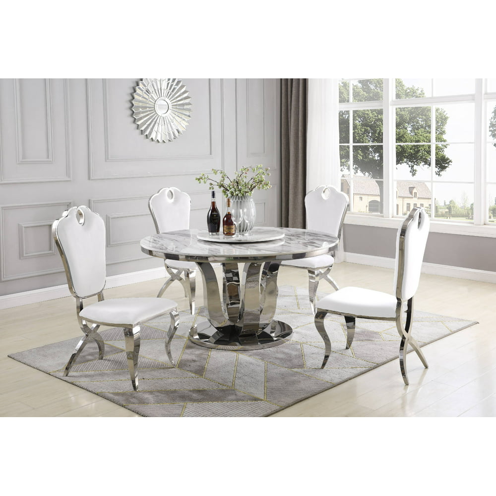 Best Quality Furniture 5pc Round Dining Set w/Lazy Susan, Auth Marble