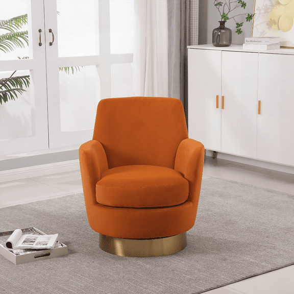 1-Piece Velvet Swivel Barrel Chair with Gold Stainless Steel Base (Orange)