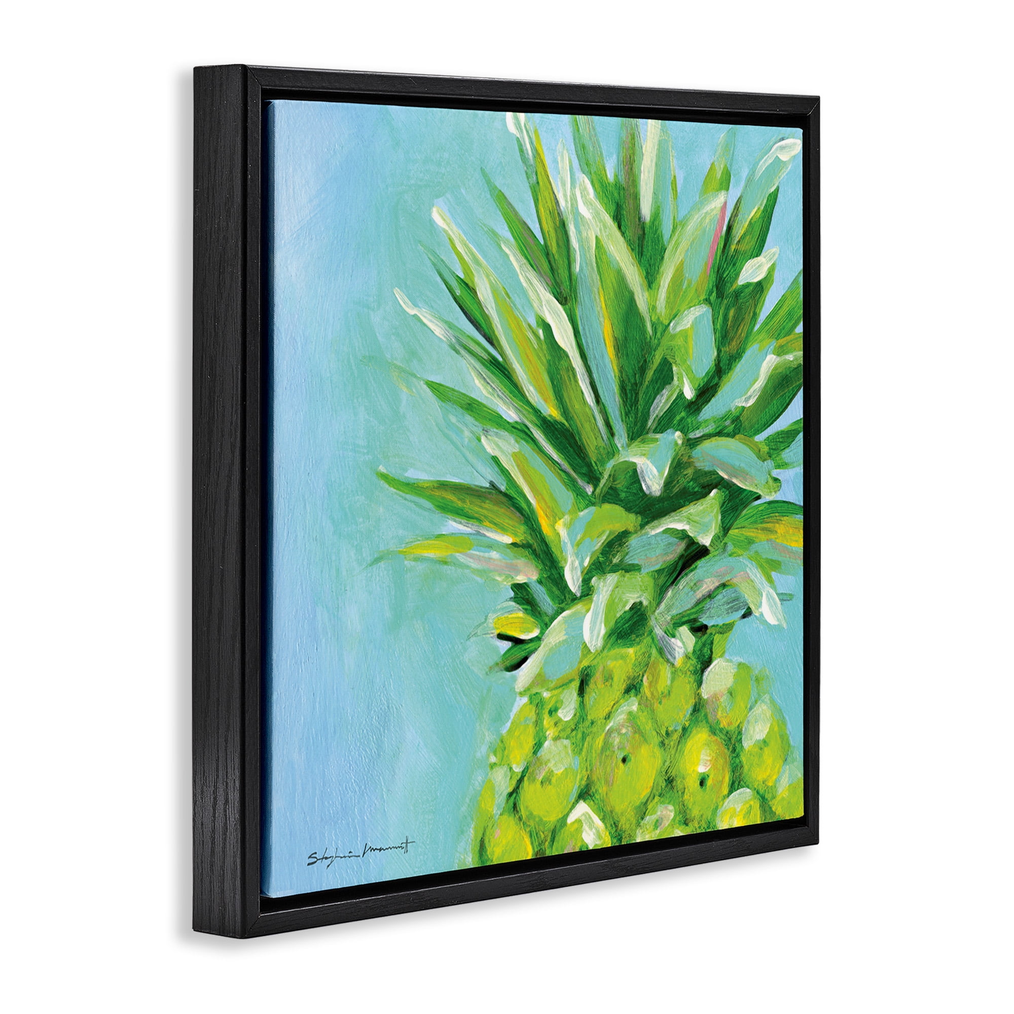 Stupell Industries Tropical Pineapple on Blue Food & Beverage Painting Black Floater Framed Canvas Art Print Wall Art, 25 x 25