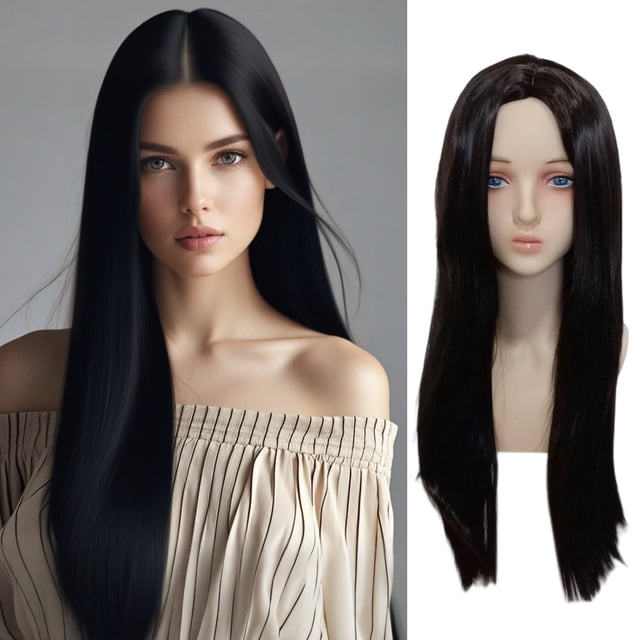 Peluca ajustable larga, negra y lisa para disfraz de Halloween. Peluca para niña, ideal para fiestas de cosplay.