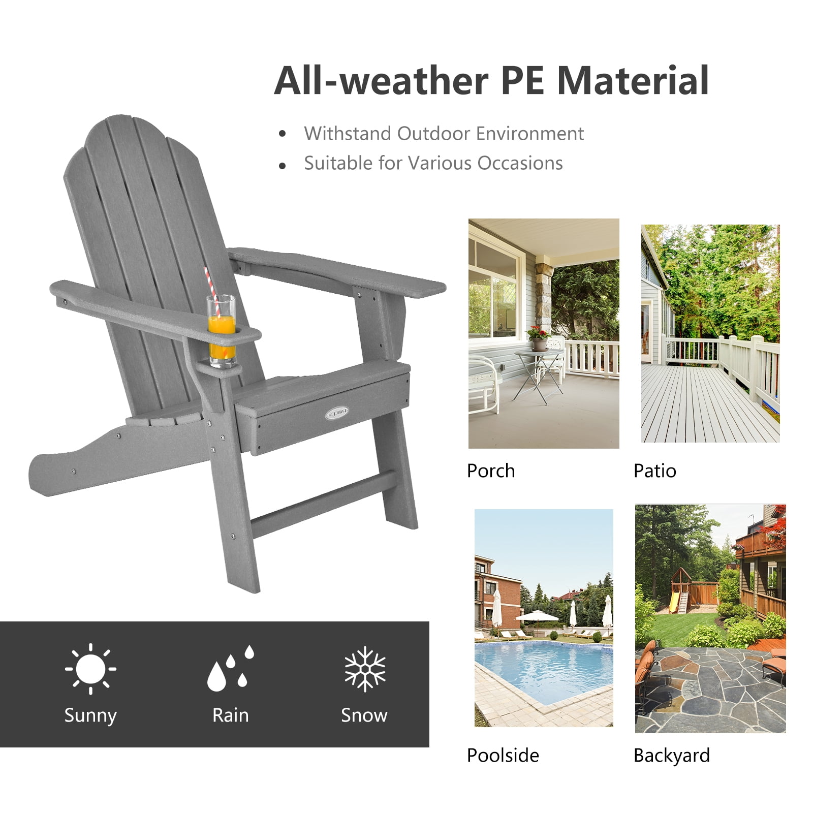 Patiojoy 2PCS Adirondack Chair Outdoor with Cup Holde Weather Resistant Lounger Chair for Backyard Garden Patio and Deck Grey