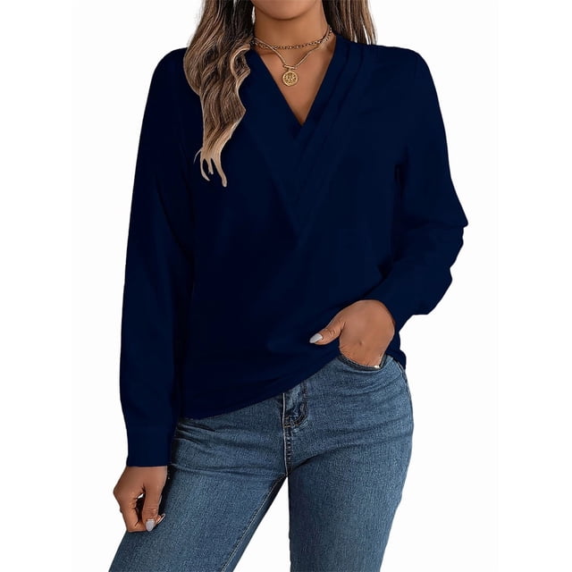Blusa Plisada de Larga con Cuello en V para Mujer, Ideal para Oficina Azul L