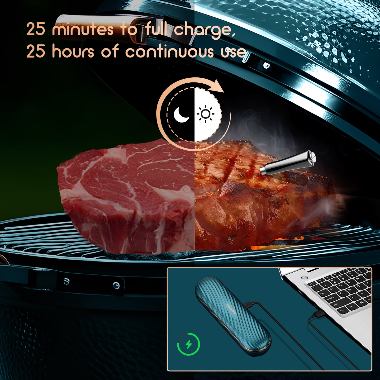 INKBIRD Wireless Bluetooth Meat Thermometer for Grilling and Smoking, App Remote Control, IP67 Waterproof, 25 Hours of Continuous Cooking, Stylish Gift