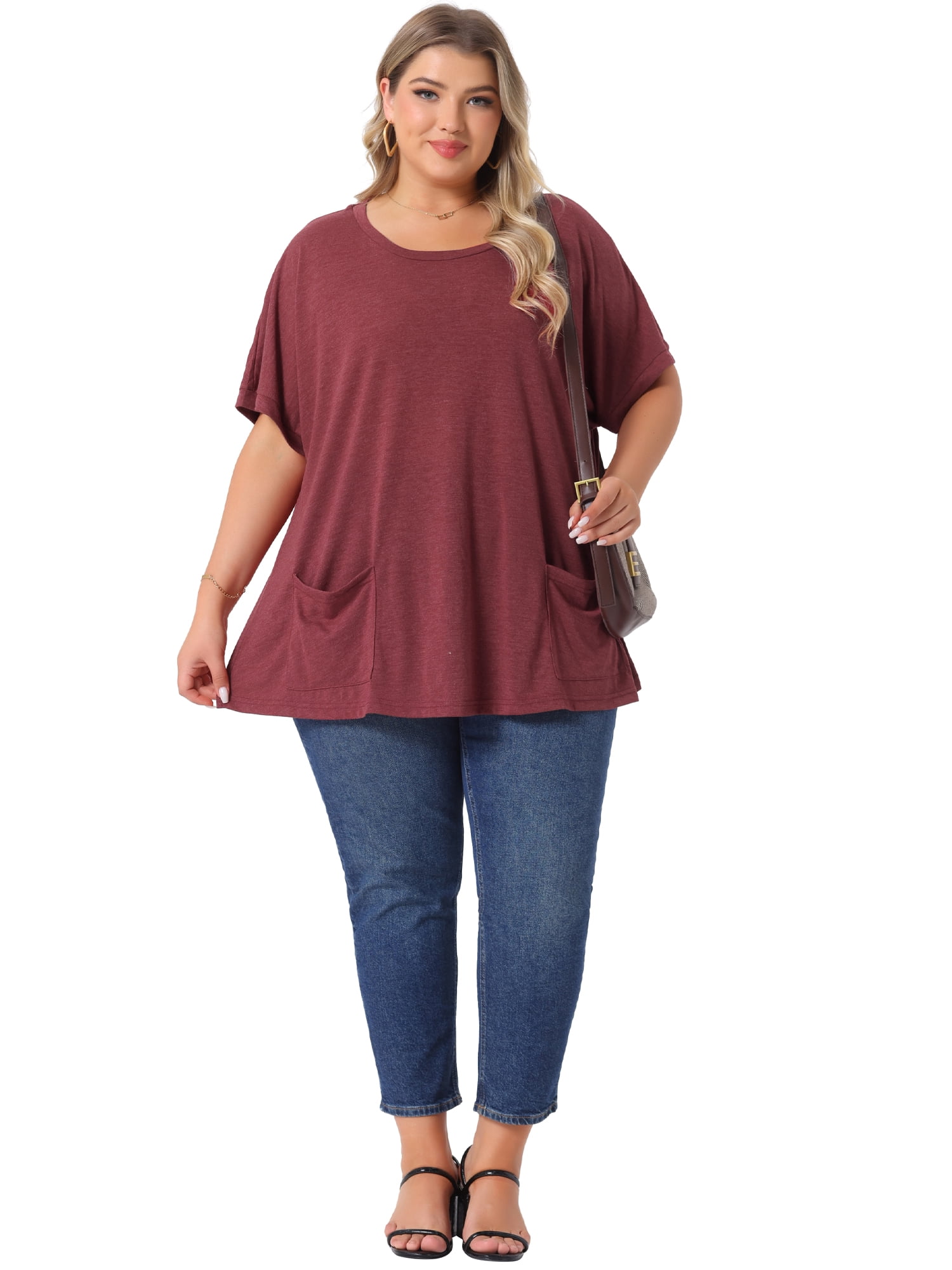 DARING DIVA Women's Plus Crew Neck Loose Fit T Shirt with Pocket Casual 3X Burgundy