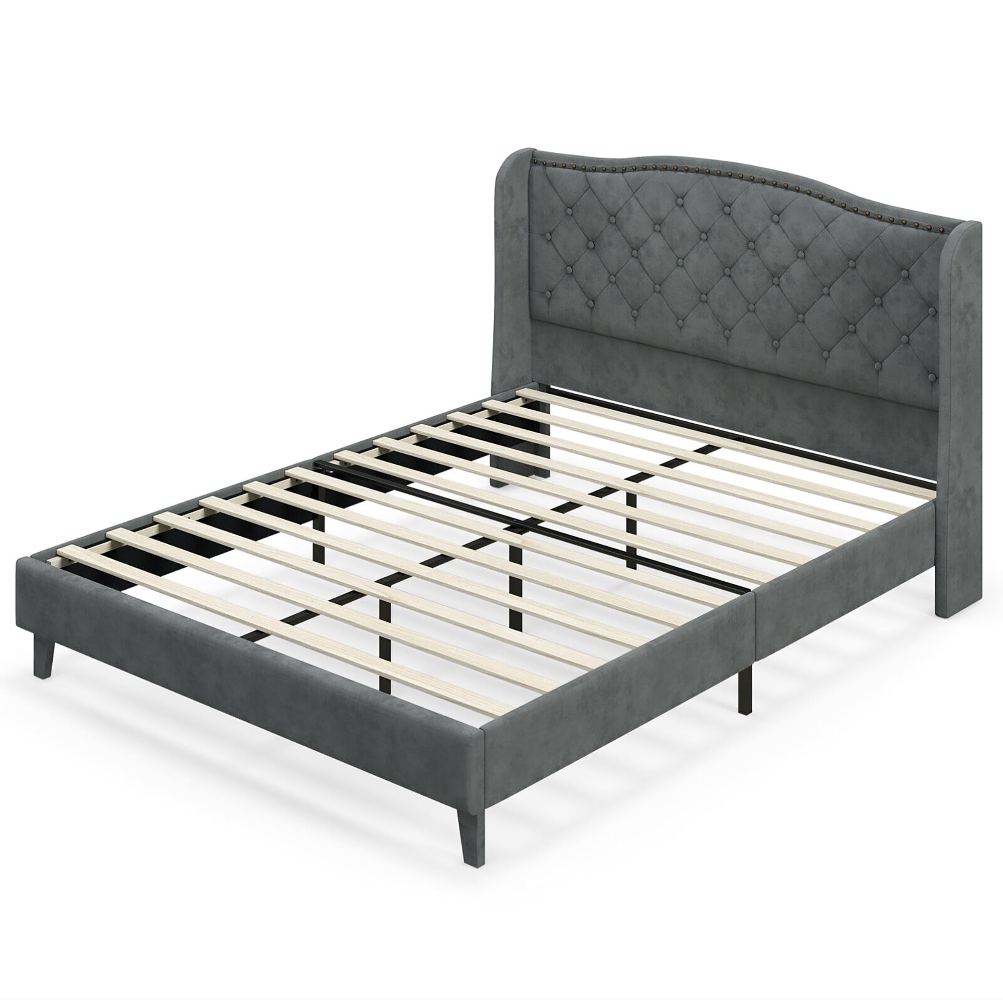 Gymax Queen Upholstered Platform Bed Frame w/ Button Tufted Headboard Noise-free