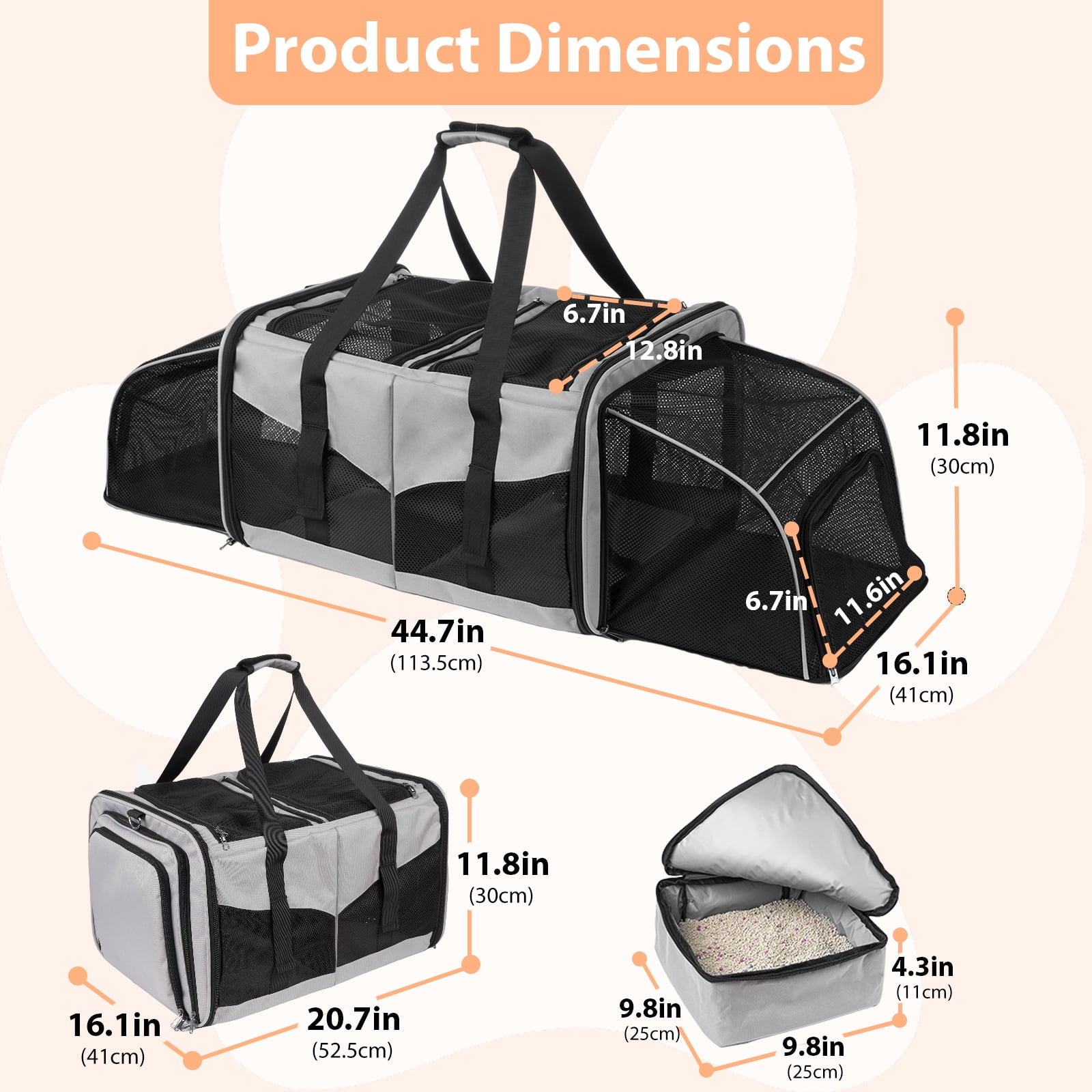 LitaiL Cat Carrier for 2 Cats, 2-in-1 Double Pet Carrier with 2 Litter Boxes, Portable Soft Sided Dog Carrier for Traveling, Gray