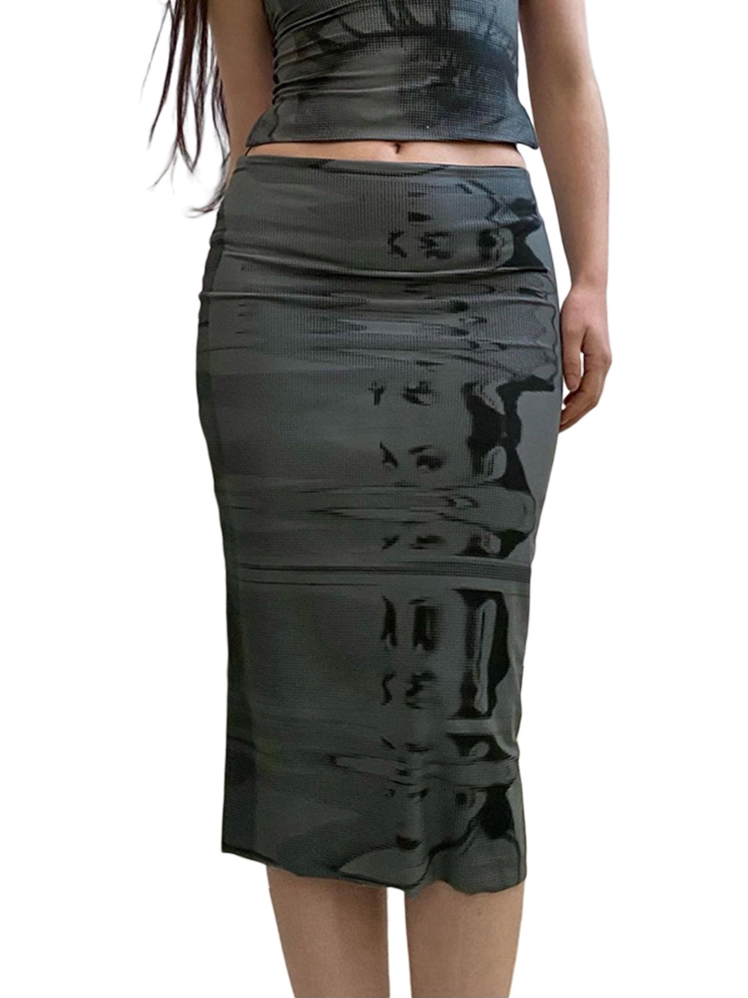 Women Y2K Bodycon Midi Pencil Skirt Vintage Goth Print A-Line High Waist  Midi Skirt Grunge Fairycore Streetwear - Walmart.com