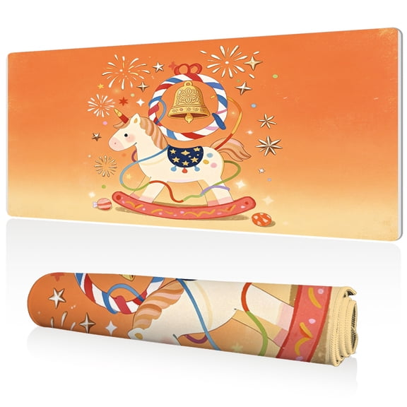 LIVEKEY Mouse Pad 80x40cm Extra Large Non Slip Stitched Edges Full Coverage Durable Easy Clean Cute Unicorn Rocking Horse Golden Bell Fireworks Orange Sky Art for Gaming Office