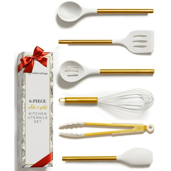 Styled Settings White Silicone and Gold Cooking Utensils Set