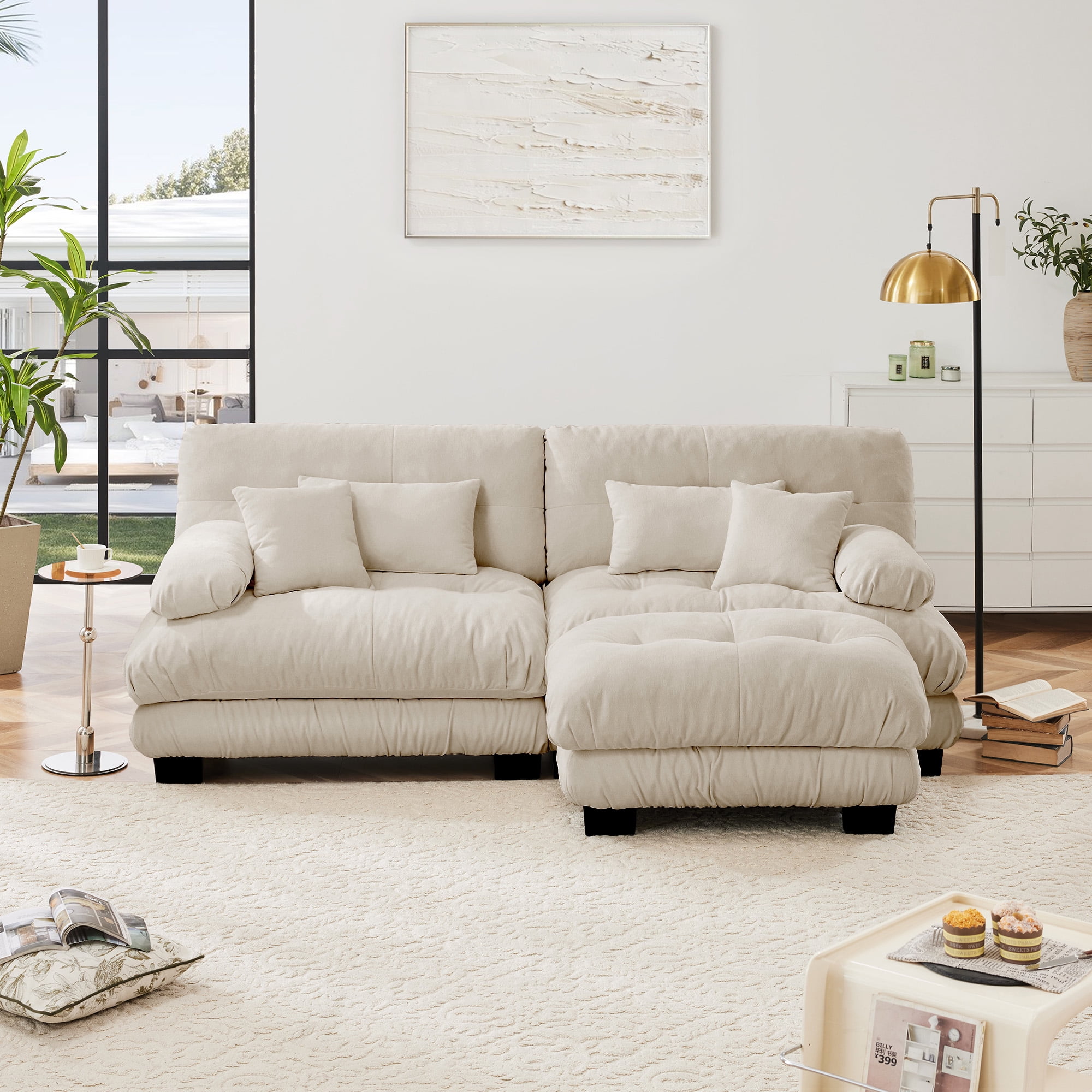 MAYEERTY 99.4in Cloud Sectional Sofa Couch for Living Room, Chenille 2 Seater Sofa with 2 Lumbar Pillows, 2 Throw Pillows and Convertible Ottoman, Light Coffee