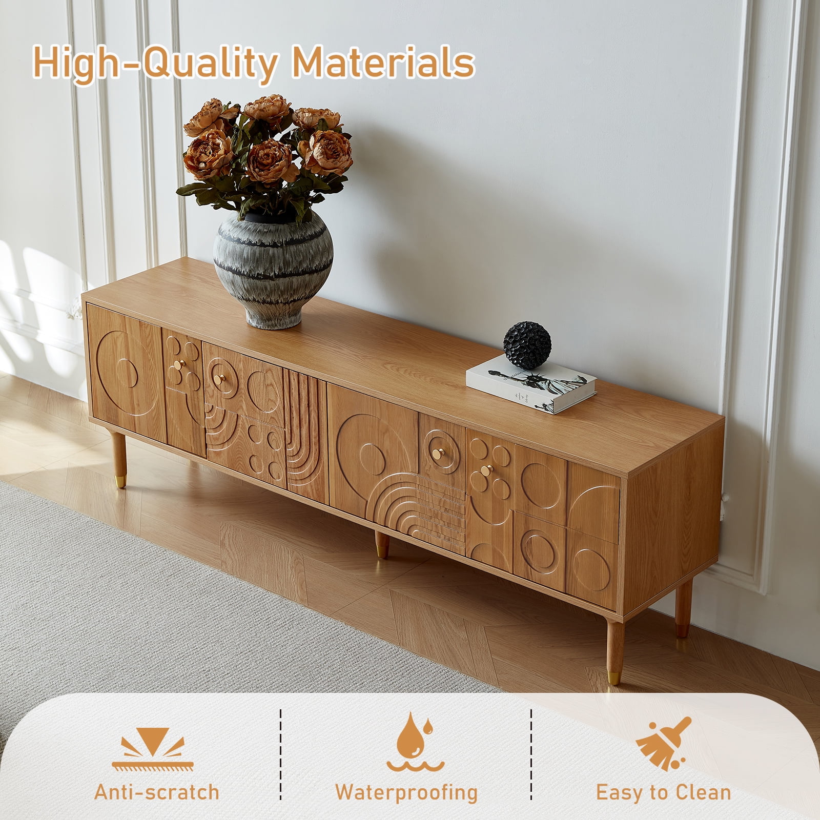 siu want Modern TV Stand for 75 inch TV, 70.9" Retro Media Console with Carved Geometric Doors & 4 Cabinets, Wood Color Entertainment Center​