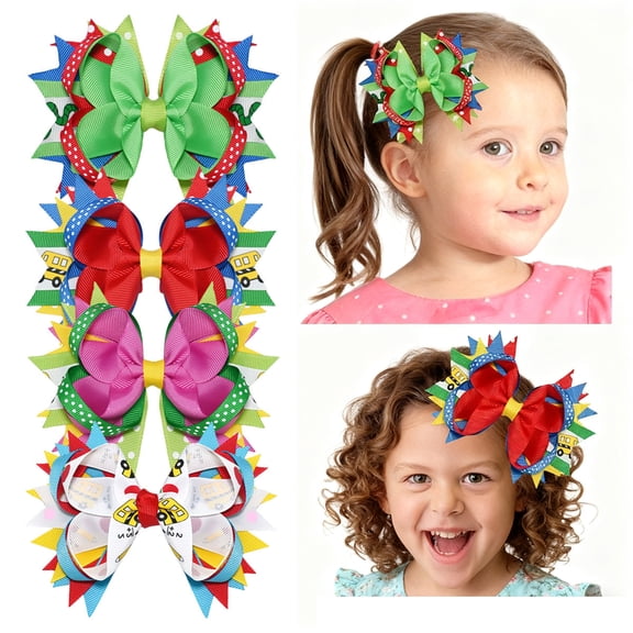 JoyBowie 4 Pcs 5inch Back to School Hair Bows for Girls 4-10 Years, Grosgrain Ribbon Clips for School Days & Casual Outfits