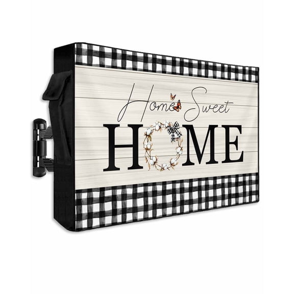HOME Outdoor TV Cover 40 to 43 inch Farmhouse Cotton Butterfly Black Plaid Wood Grain Waterproof Dustproof TV Covers for Outside with Zipper Remote Control Pocket Flat Screen Protectors