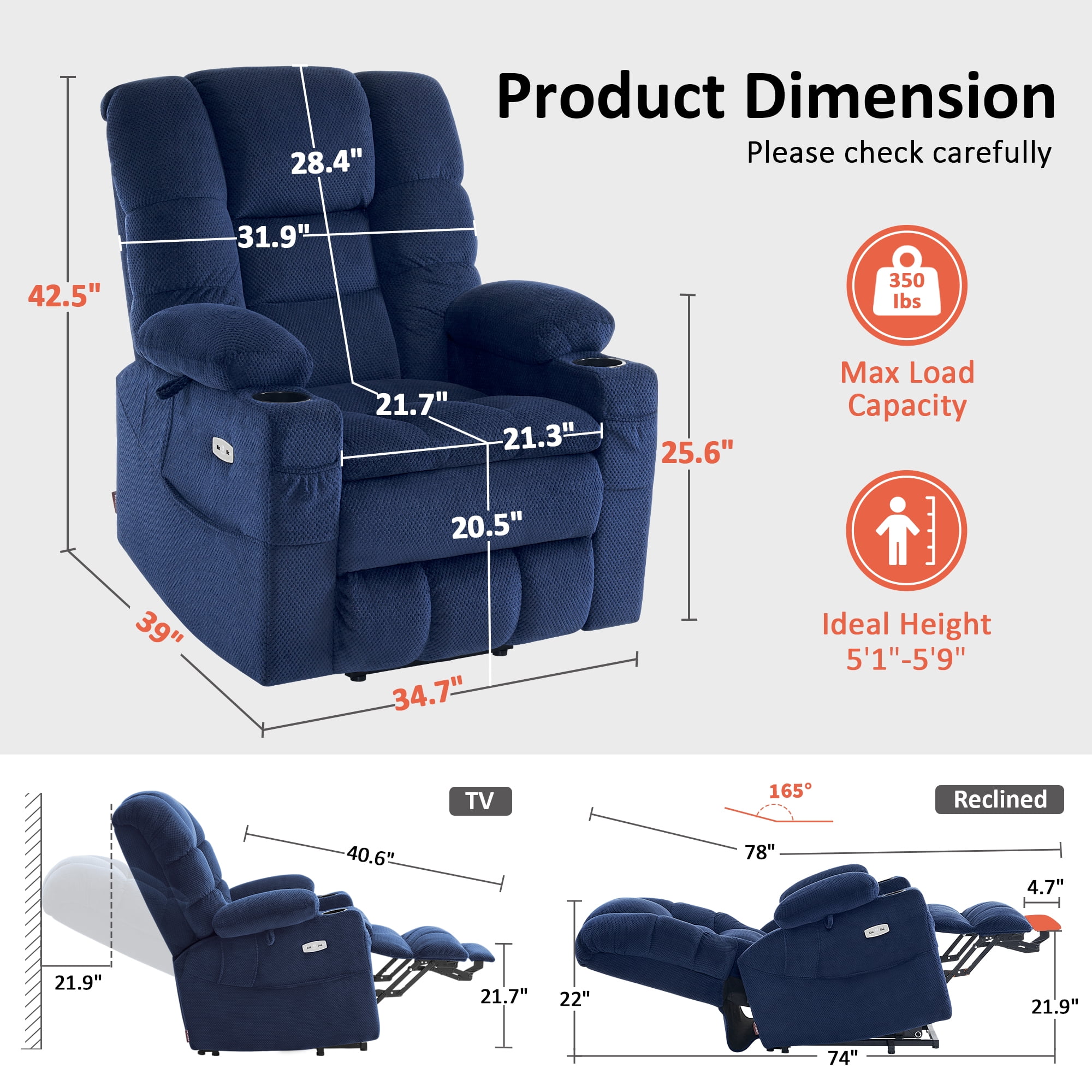 MCombo Triple Motor Power Lift Recliner for Elderly, Sleep Recliner Sofa with Adjustable Headrest, Fabric, Navy Blue