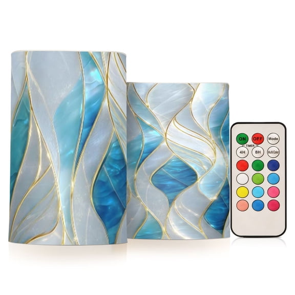 Blue White Gold-line Flickering Flameless Candles Battery Operated with Remote Timer LED Pillar Candles Set of 2