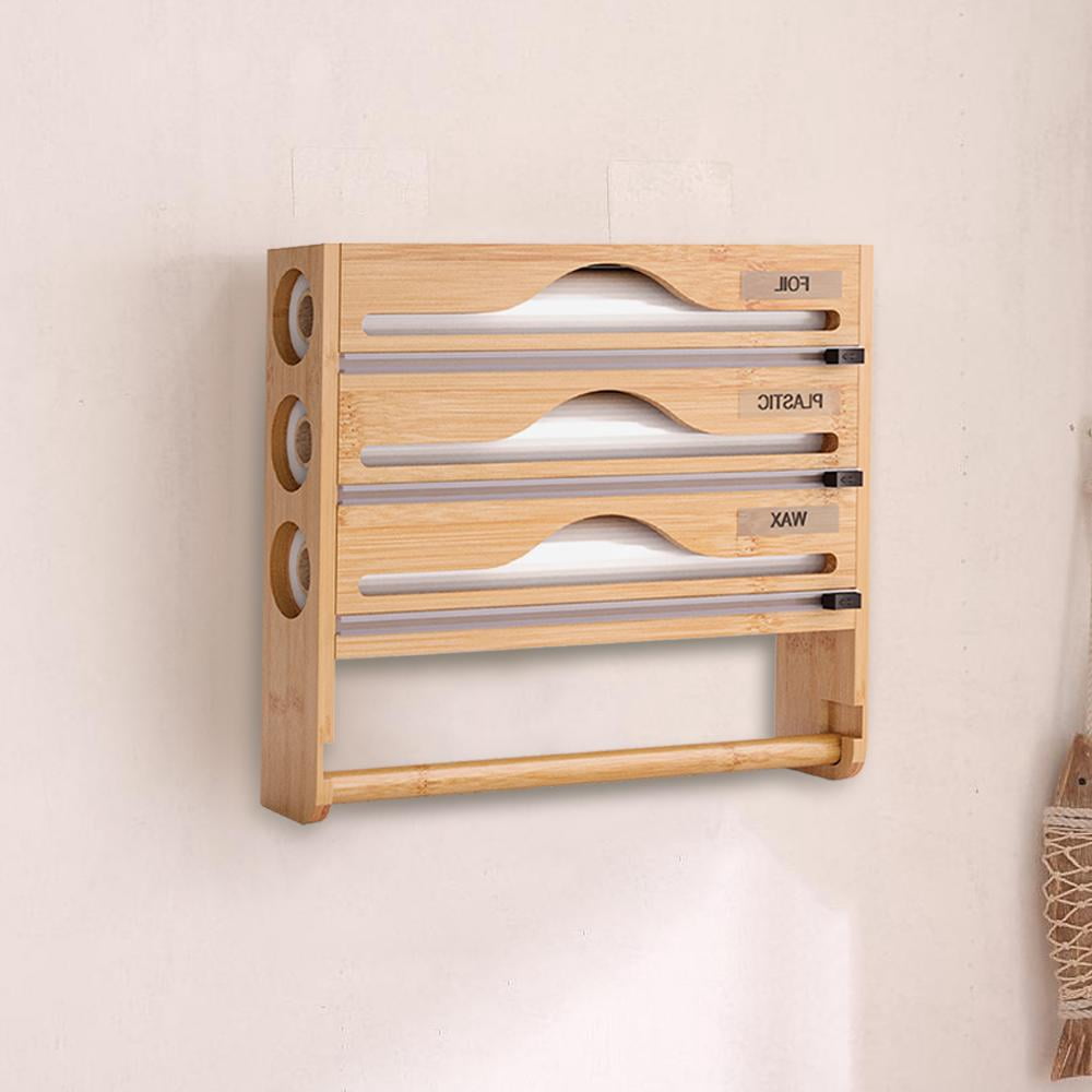 Pekkaxy Bamboo Cling Film Dispenser, 14.24 x 11.70 x 2.93 in, 3-Slot Organizer with Paper Towel Holder, for Efficient Kitchen Food Wrap and Meal Prep