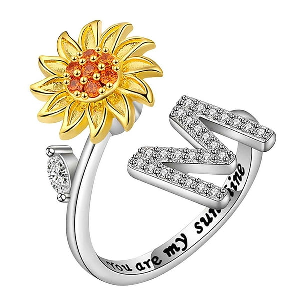 Fiudx Anillo Giratorio Girasol con 26 Letras, Anillo Girasol Abierto para Descomprimir La Ansiedad, Anillo Femenino