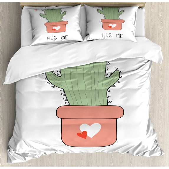 Hug Duvet Cover Set Queen Size, Doodle of Funny Cactus Shape as Cat with Heart Ornate Pot and Hug Me, Decorative 3 Piece Bedding Set with 2 Pillow Shams, Coral Pistachio Green, by Ambesonne