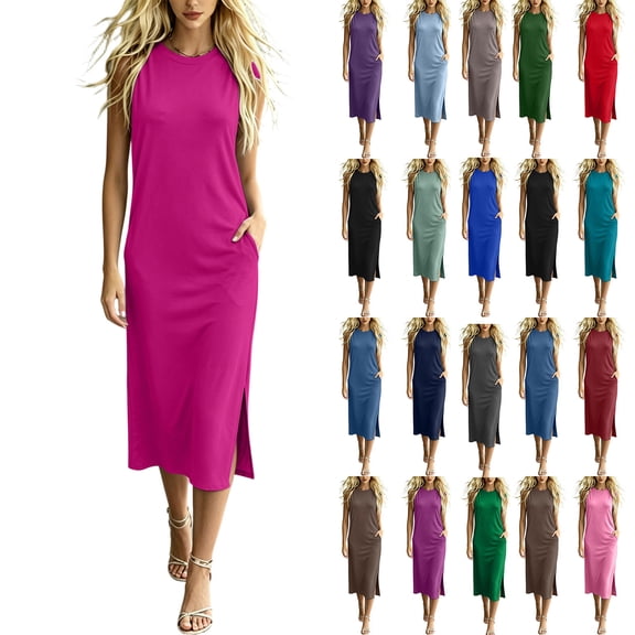 Dresses for Women Solid Color Round Neck Sleeveless Maxi Dress with Pockets and Side Slits Fashion Outfit L