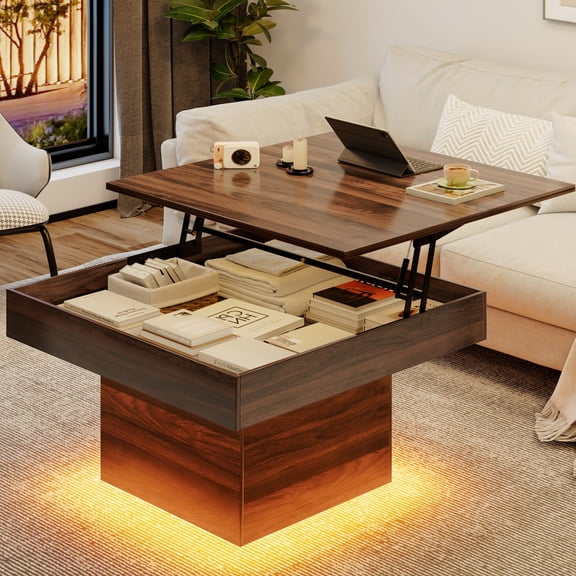 ANPOO 35.4 Inch High Lift Top Coffee Table with LED Lights & Hidden Storage, Minimalist Modern Square Coffee Table with Lifting Top, Wood Mid Century Table with Storage for Living Room