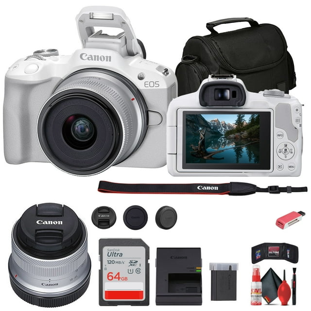 Canon EOS R50 Mirrorless Camera with 18-45mm Lens, 24.2MP APS-C, 4K Video, Dual Pixel AF, White Bundle with 64GB Card & Accessories (International Model)