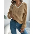 thumbnail image 6 of Women'S Long Sleeve V Neck Cable Knit Sweater 2025 Fall Pullover Top Cute Soft Dressy Casual Outfits Khaki S, 6 of 8