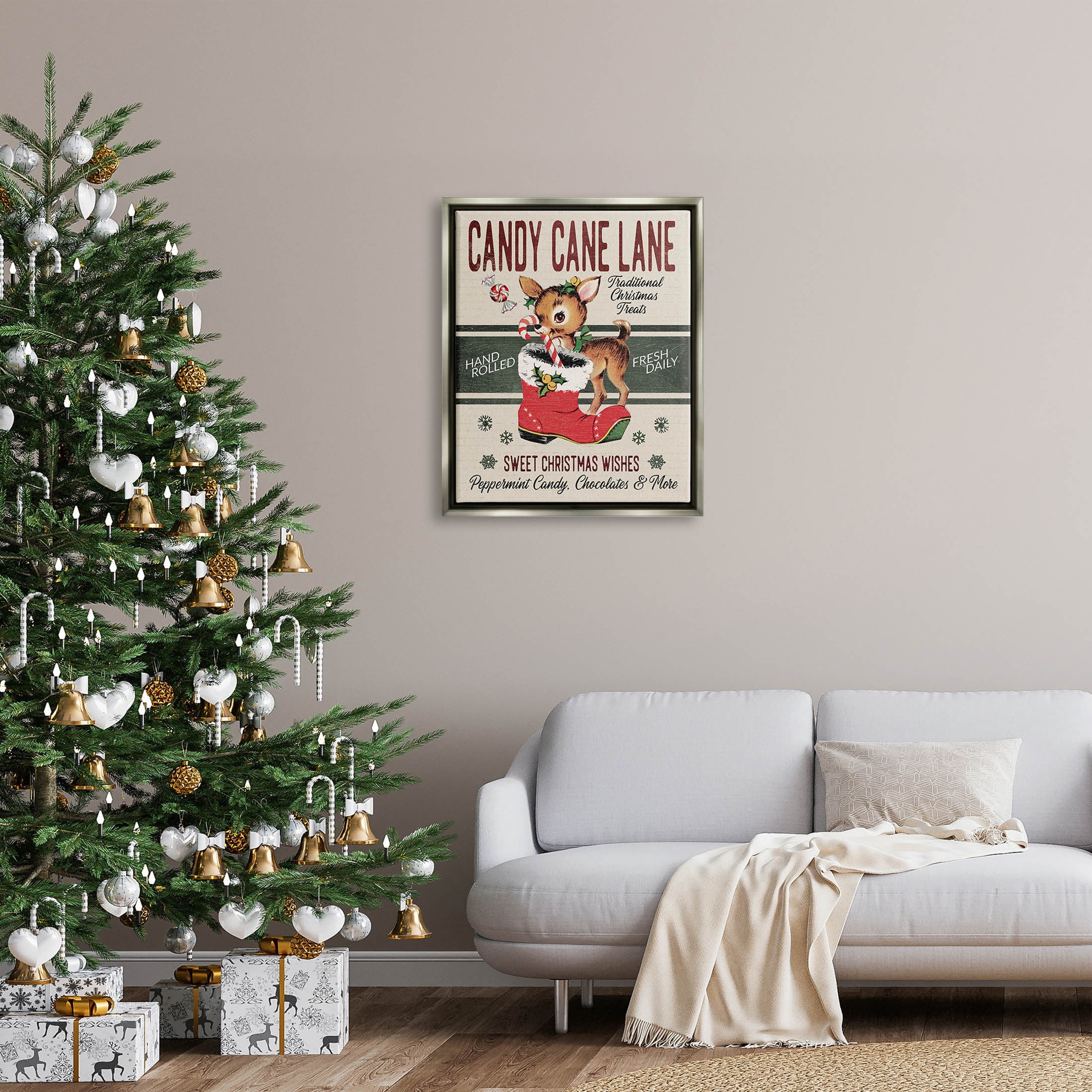 Candy Cane Lane Vintage Reindeer Boot Holiday Graphic Art Luster Gray Framed Art Print Wall Art