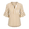 thumbnail image 5 of Women's Casual Loose Linen Striped V-Neck Three-Quarter Sleeve Ruffled Top, 5 of 8