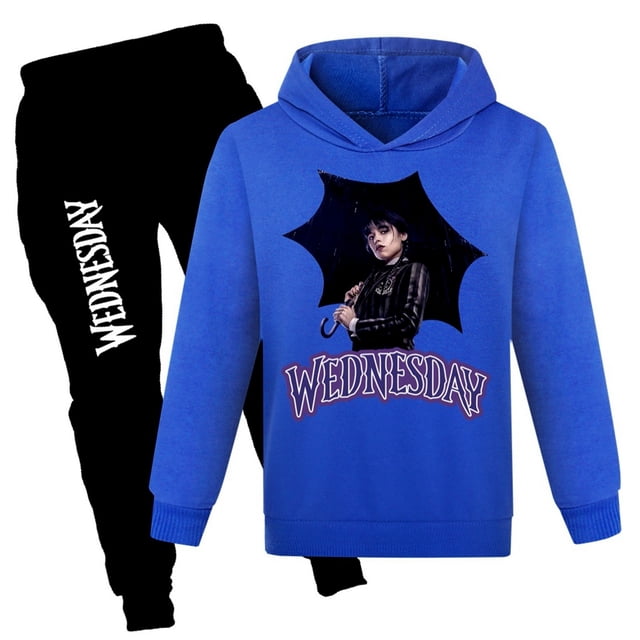 Moonsky Girl/boy Fashion Casual Long Sleeve Wednesday Printed Hooded Sweatshirt Pants Set Hoodies New Logo Fashion Cool Hoodie Men Women Sweatshirts(130#Dark Blue)