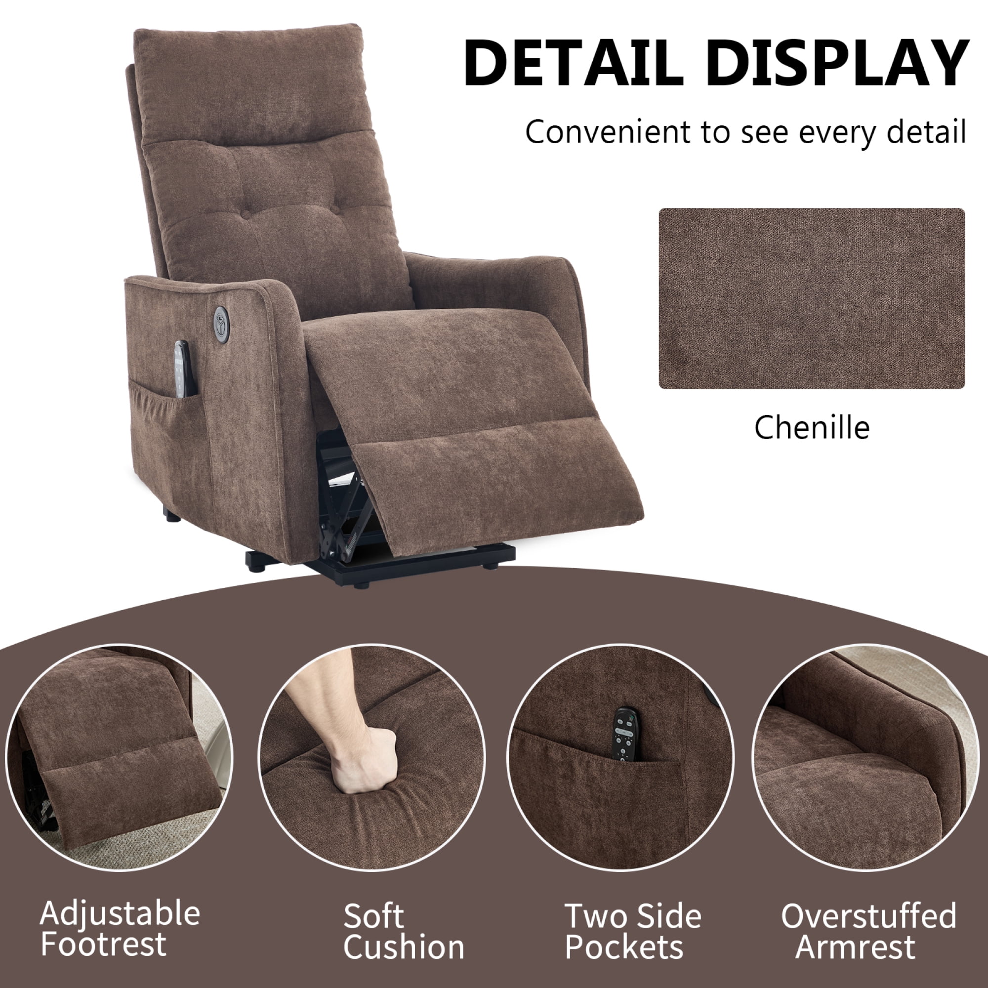Leumius Power Lift Recliner Chair with Massage and Heat for Elderly,Heavy Duty Electric Reclining Chair with Side Pockets,USB Charge Port for Living Room,Brown+Chenille