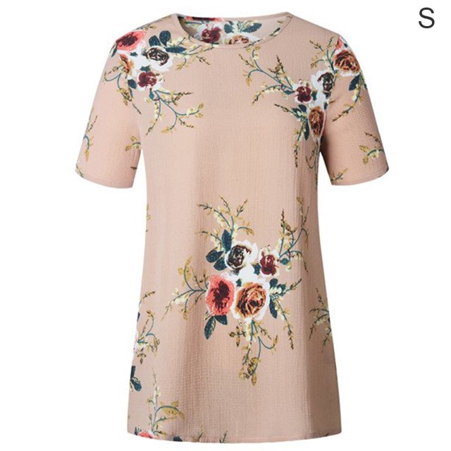 Camiseta de mujer con estampado floral, manga corta, cuello redondo, blusa informal, albaricoque, S Inevent AP001919-13