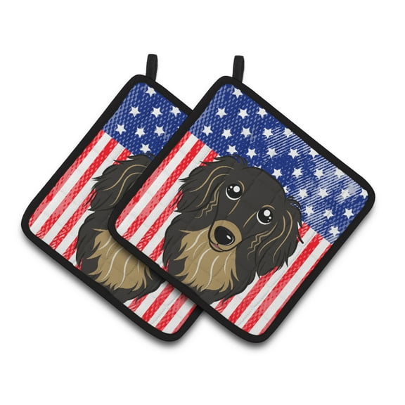American Flag and Longhair Black and Tan Dachshund Pair of Pot Holders