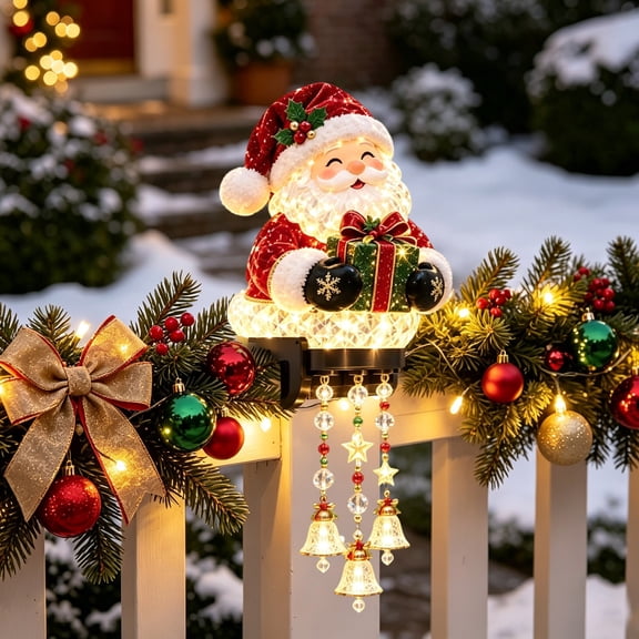 Christmas Porch Rail Lights, Festive Character LED Decor With Santa Reindeer Penguin Designs, Illuminated Figurine With Cascading Bells & Ornaments