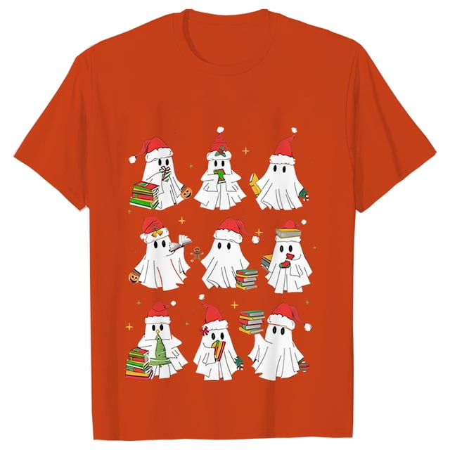 Camisetas de libro de fantasma de Navidad para mujer, ropa de libro de lectura de fantasma, camisetas de Navidad de manga corta, camisetas casuales de moda, Tops