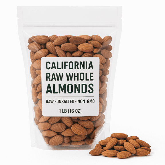 California Raw Whole Almonds – Unsalted, Non-GMO, Gluten-Free, Fresh, Keto-Friendly Snack, Bulk Size (1 lb / 16 oz)