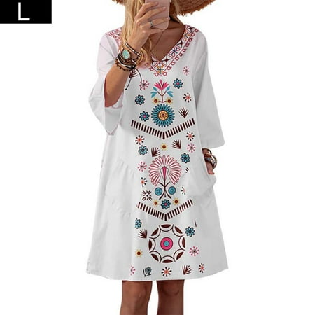 

BESTHUA Women V-neck Short Sleeve T-shirt Dress Breathable Loose Swing Dress Printed Fashion Romper Dress
