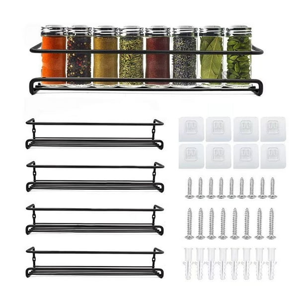 Especiero de metal, juego de 4 especieros de cocina con ganchos adhesivos y tornillos, almacenamiento de tarros de especias, organización de la sala de cocina, 29 x 6 x 6 cm, negro
