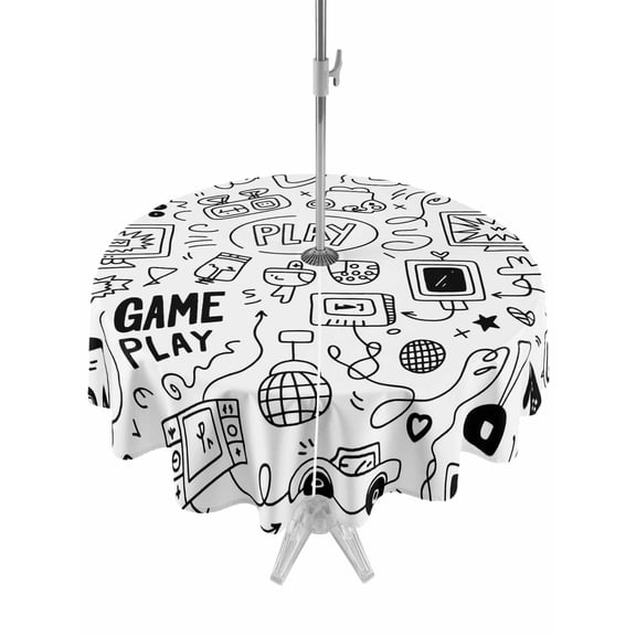 Outdoor Tablecloth with Umbrella Hole, Video Game Spillproof Waterproof Outdoor Table Cover, Black White Game Controller Monochrome Patio Tablecloths for Party/Garden/Picnic, Round 54 inch