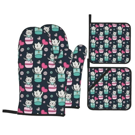 

Oven Mitts and Pot Holders Sets 4 pcs Urban Cute Cartoon Cat Heart Non-Slip Oven Gloves Potholders Soft Quilted Lining Heat Resistant Gloves Hot Pads for Kitchen Cooking Baking
