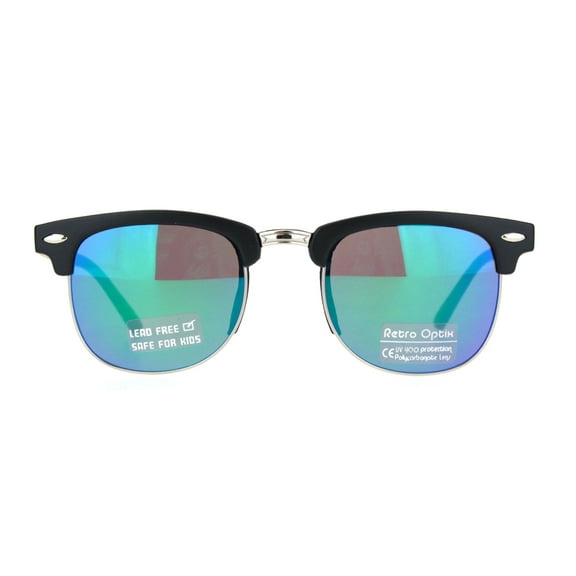 Boys Child Size Color Mirror Lens Hipster Half Rim Sunglasses Black Teal Mirror