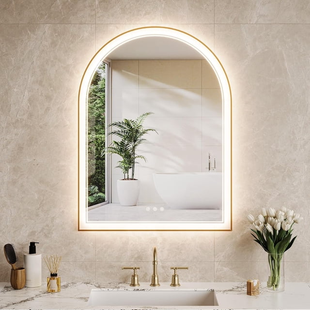 Ourlova Arched LED Bathroom Mirror with Lights 24x36 Anti-Fog Vanity Mirror Wall Mounted 3 Color Temperatures Dimmable Rust-Resistant Metal Frame Shatterproof Glass for Bathroom Bedroom Entryway - Go