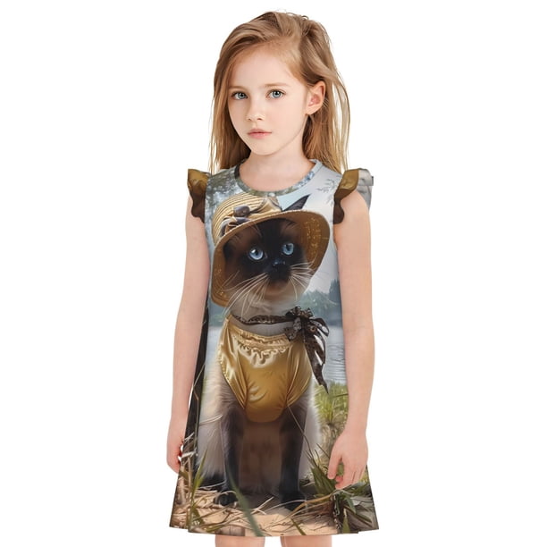 Fotbe Cat In Sun Hat Vestido de Dormir para Niñas de 3 a 10 Años, Mangas Cortas, Estilo Princesa, Pijama Camisón con Mangas Voladas-Medium